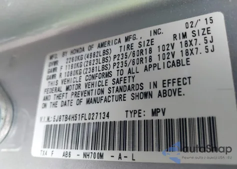 2015 Acura Rdx from USA, damaged, VIN 5J8TB4H51FL027134